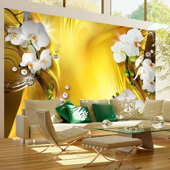 Tiptophomedecor Floral Wallpaper Wall Mural - Orchid In Gold