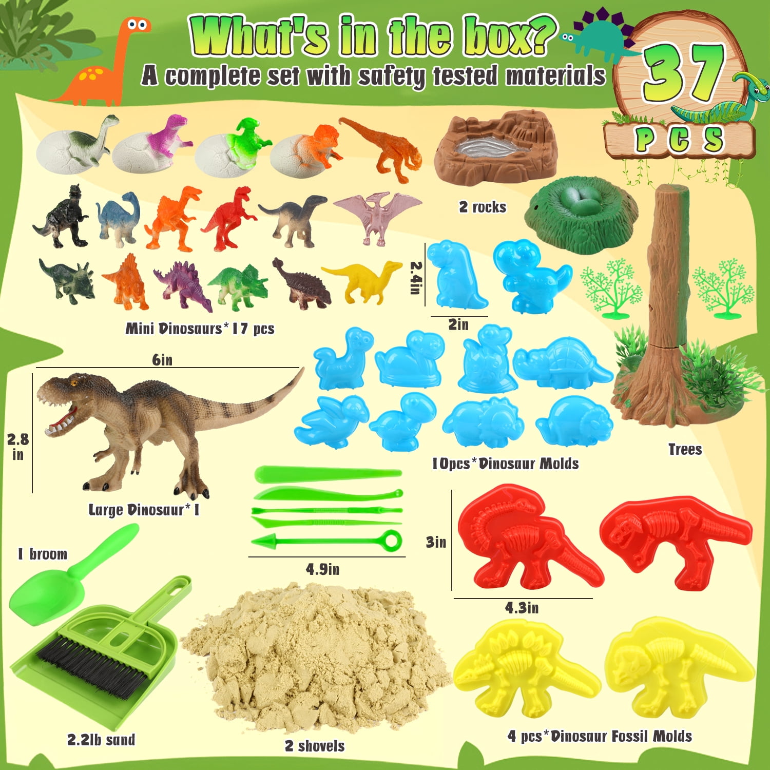 UQN Dinosaur Sensory Bin Toys for Boys, 37 PCS Sensory Bins for Toddlers 3-4 with 14 Dinosaur Toys & 2.2lb Magic Sand, Sensory Toy Birthday Gift for Boys Toddler Ages 3-8