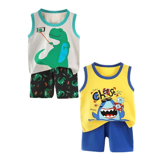 Hudaneo Boy Clothes Toddler Baby Boys 4 PCS Summer Outfits Sleeveless Cotton Dinosaur T-Shirt Shorts Set, 3 Months-6T