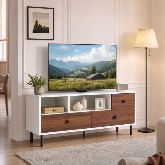 Mid-Century TV Stand for 50-inch TVs , Entertainment Center Media Console Table with 2 Cubbies and 3 Drawers,White & Brown