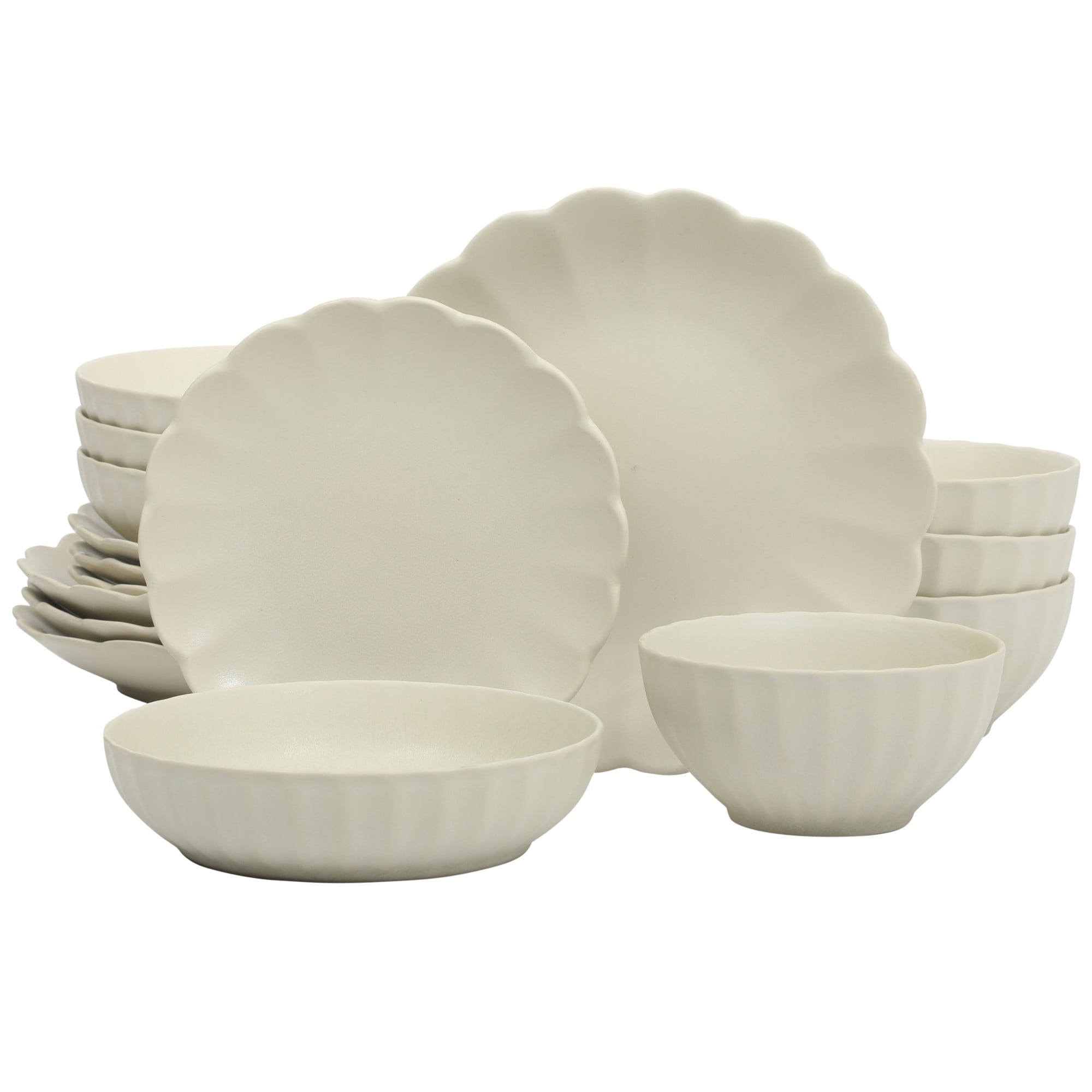 Gibson Elite Malibu Shore 16-Piece Stoneware Dinnerware Set, Cream White Reactive Glaze Scallop Plates and Bowls, Set for 4