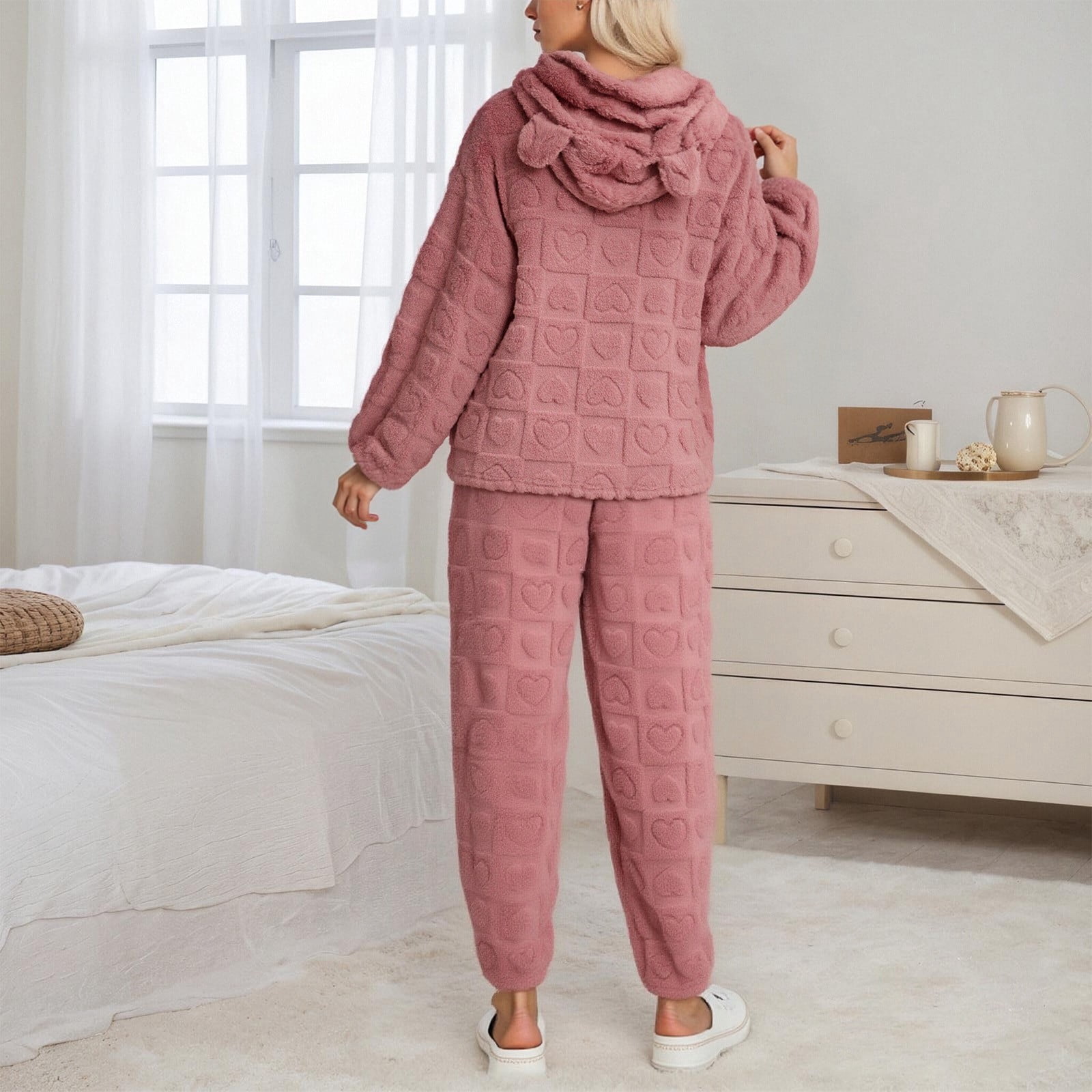 HCYSFG Women's Plush Fleece Embossed Heart Pajama Sets 2 Piece Loose Fit Hooded Long Sleeve Pullover Shirt Paired With Sleepwear Pants Pjs Set