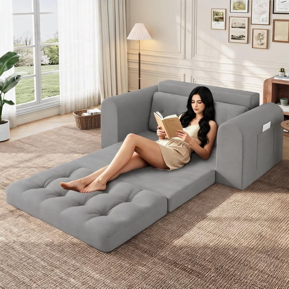 Space-Saving 59" Convertible Corduroy Sofa Bed with Pull-Out Lounger, Round Armrests & High-Density Sponge – Compact Sleeper for Living Room & Bedroom