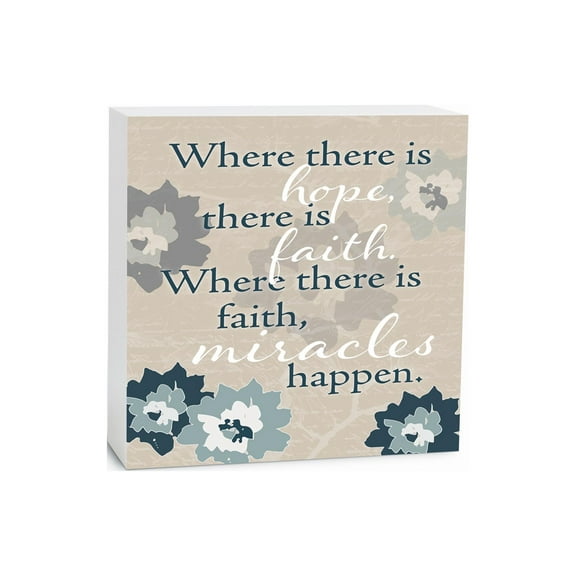 Hope Faith Miracles Putty Floral 5 x 5 Wood Tabletop Sign Plaque