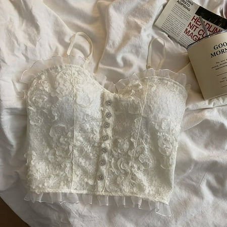 Sexy Tank Tops Women with Built in Bra Spaghetti Strap Lace Button Camisole Female Backless Short Corset Top Summer Dropshipping