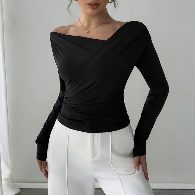 Ailaofu Women's Off Shoulder Long Sleeve Tops Ruched Going Out Crop Shirts Slim Fit Y2K Tee Blouse