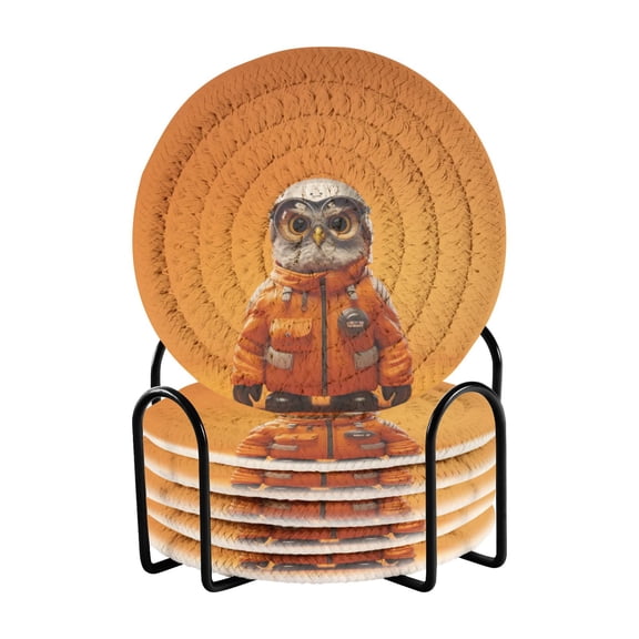 Owl Firemen 6 Pcs Drink Coasters with Holder Absorbent Coasters Woven Coasters for Drinks Table Desk Protection Home Decor