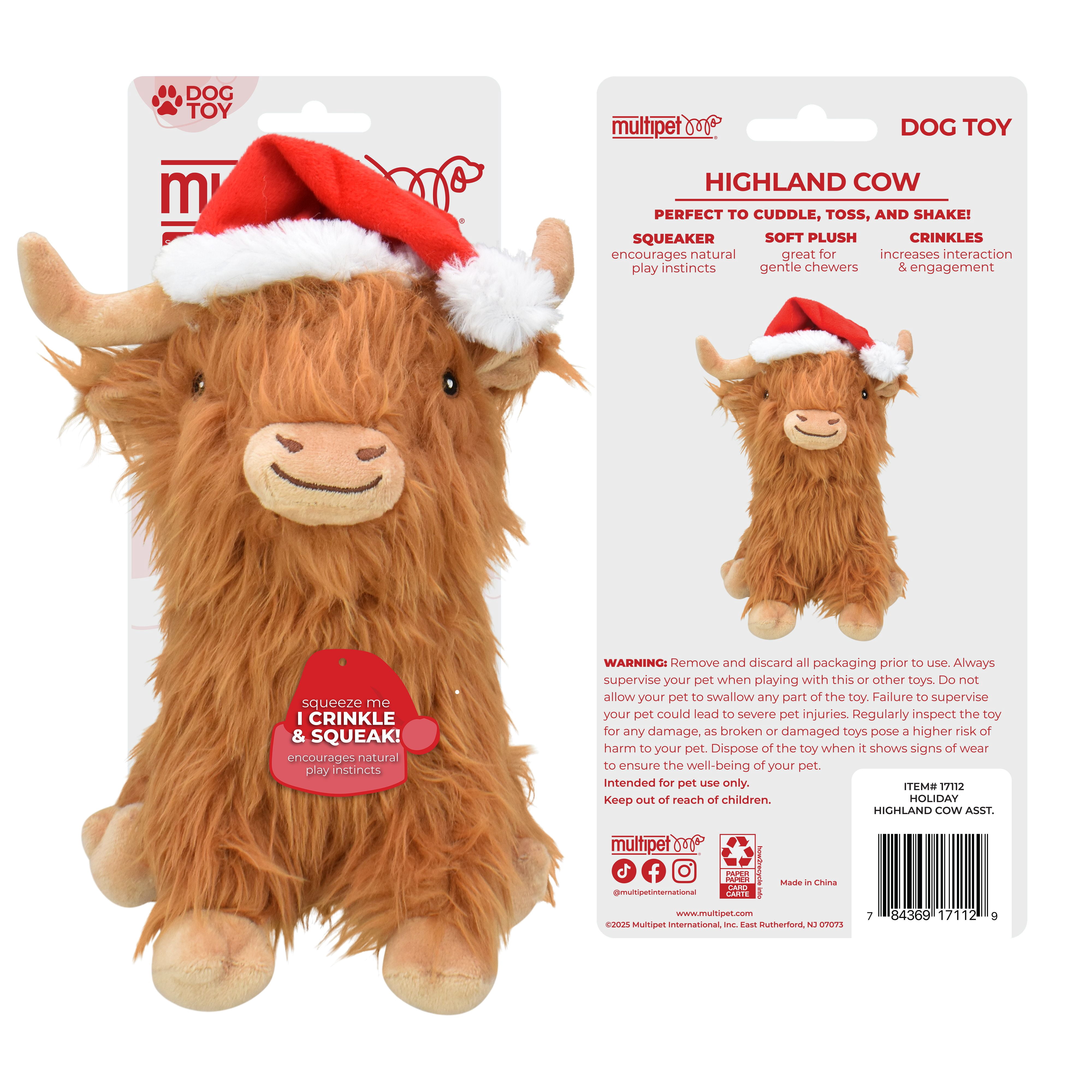 Multipet Holiday Plush Highland Cow Christmas Dog Toy with Santa Hat that Squeaks