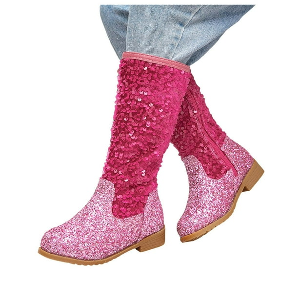 Dakaela Girls Cowgirl Boots Glitter Knee High Cowboy Boot Toddler Mid Calf Western Riding Booties Shoes for Little Kid Pink 10