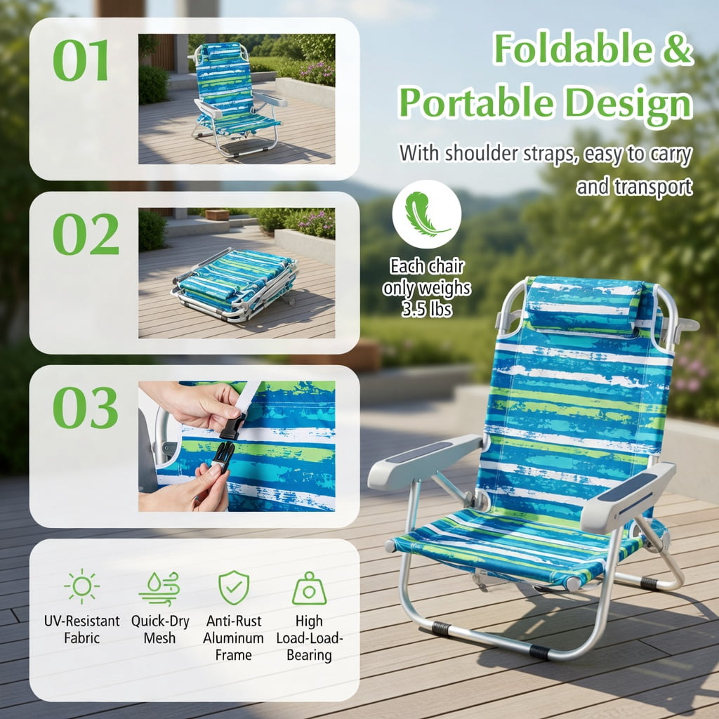 Hommoo Foldable Beach Chair with 5-Position Reclining Backrest, Cup Holder & Storage Pockets, Lightweight Aluminum Frame, Waterproof 600D Oxford Fabric, Blue & Green