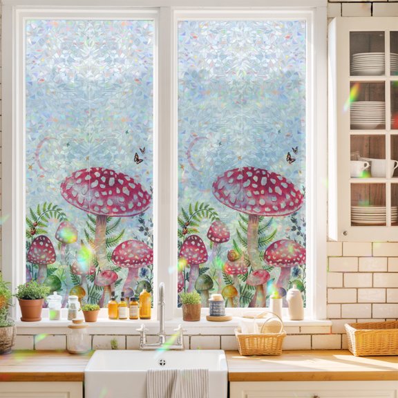 Pink Mushroom Fern Leaves Butterfly Window Privacy Film,Decorative Windows Static Cling Rustic Botanical Heat Control Removable Glass Sticker for Home Bathroom Bedroom Window Door,17.7x39.3in