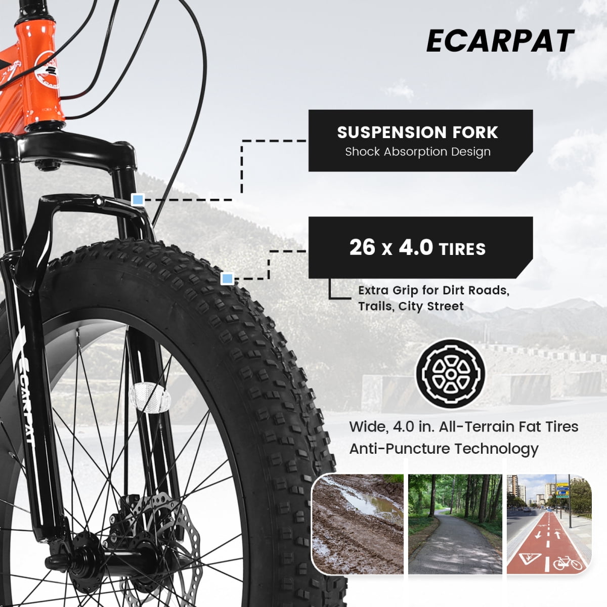 LuckyNote 26 Inch Fat Tire Mountain Bike, Full Shimano 21 Speed, Dual Disc Brake, High-Carbon Steel Frame, Front Suspension, Urban Commuter, Orange
