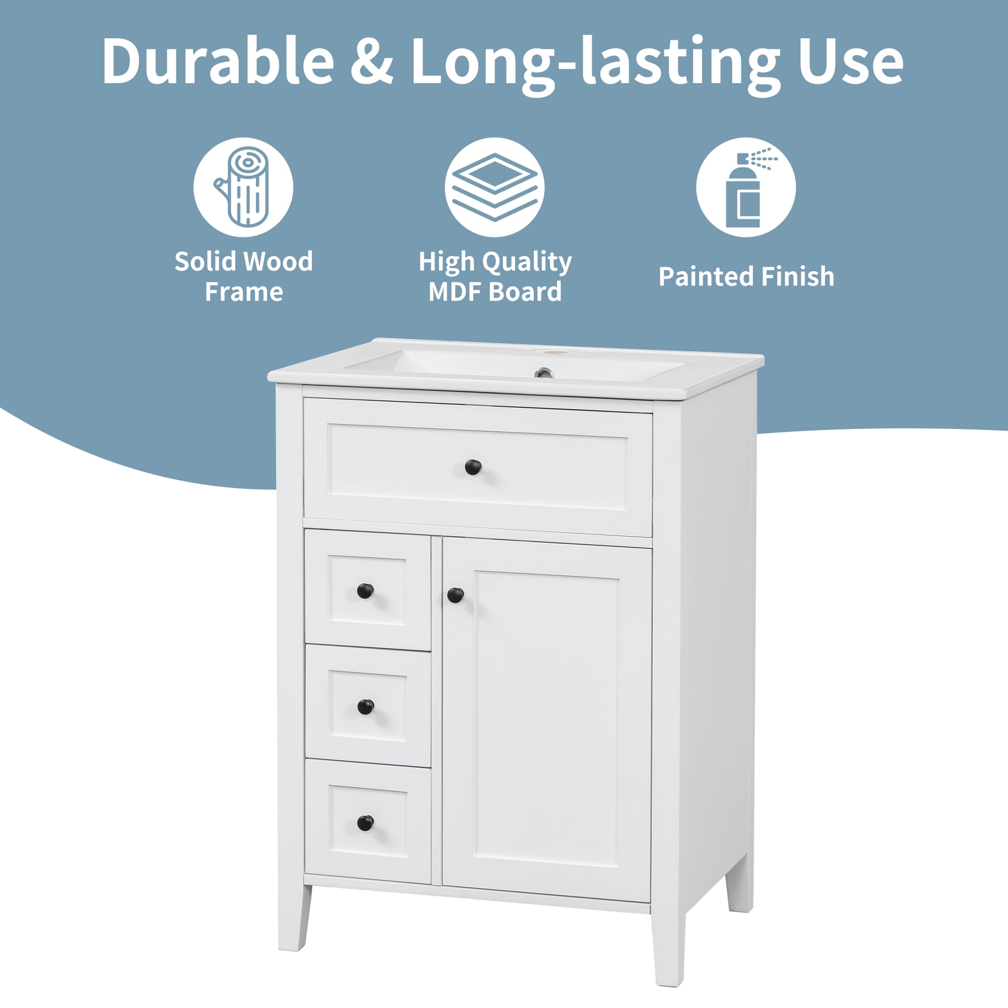 Euroco "24" White Bathroom Vanity with Sink, MDF & Rubberwood Construction, 3 Drawers & Cabinet with Adjustable Shelves, Modern Design for Small to Medium Bathrooms"