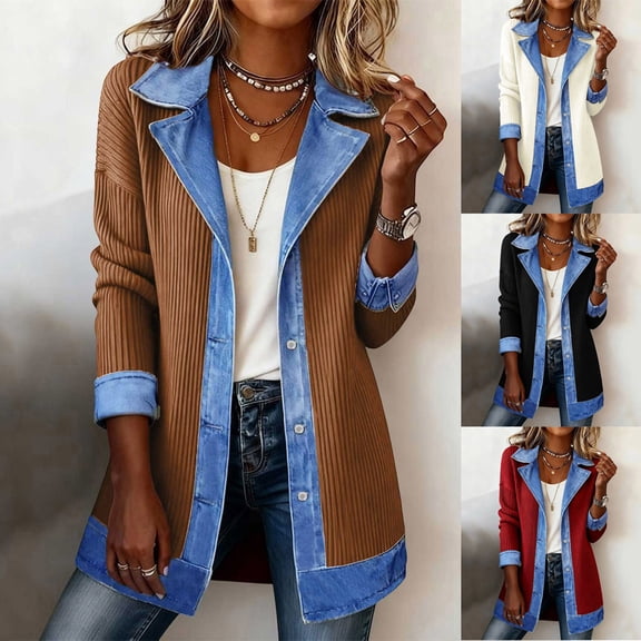 GERsome Women's Long Sleeve Jackets Corduroy Shackets Color Block Trendy Coat Button Down Blouses Tops Khaki Size L