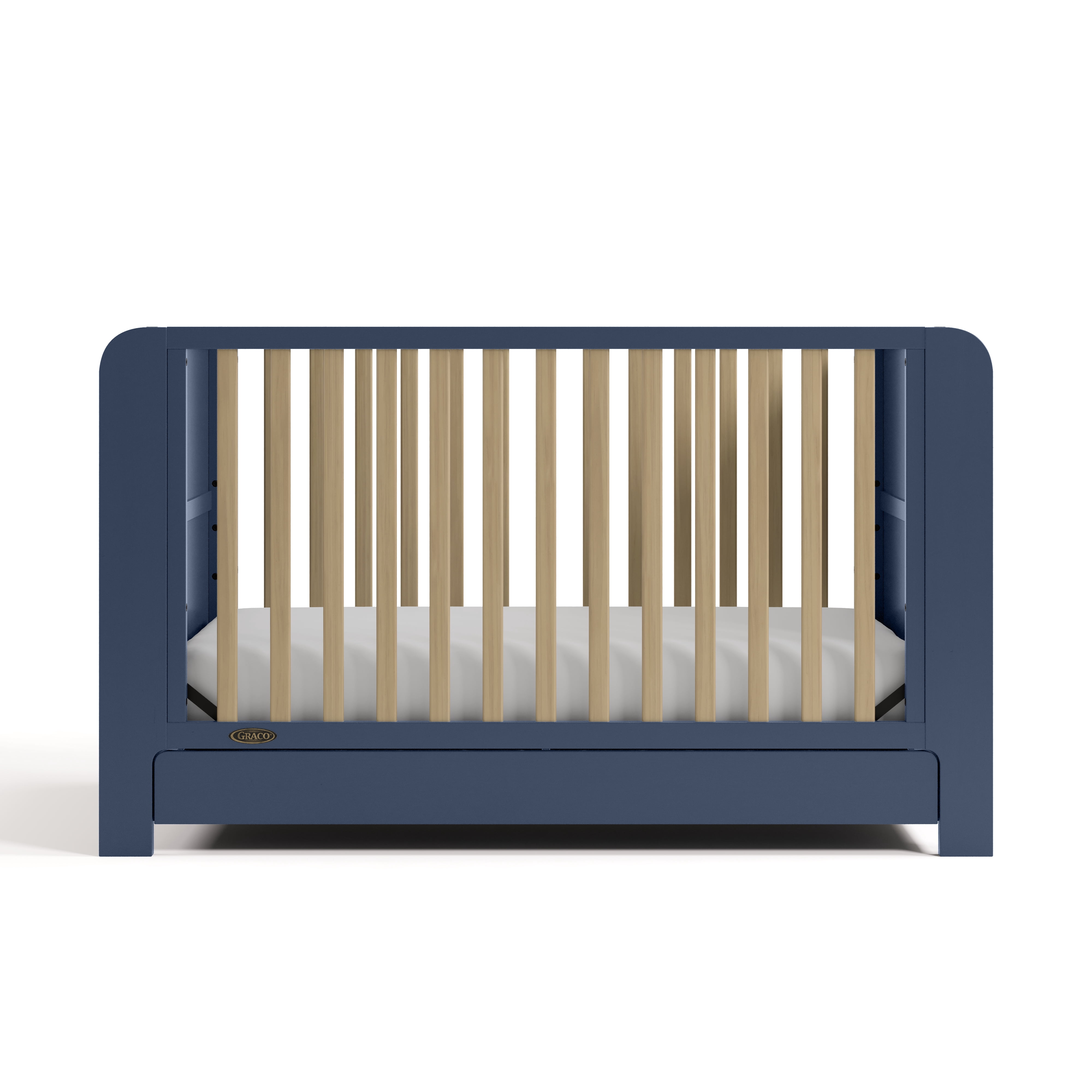 Graco Read-with-Me 4-in-1 Convertible Baby Crib with Drawer, Midnight Blue with Driftwood