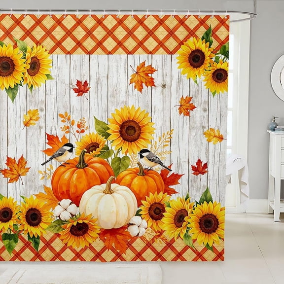 Fall Sunflower Pumpkin Shower Curtain Farmhouse Wooden Plaid Bathroom Decor with 12 Hooks 71x71 inches