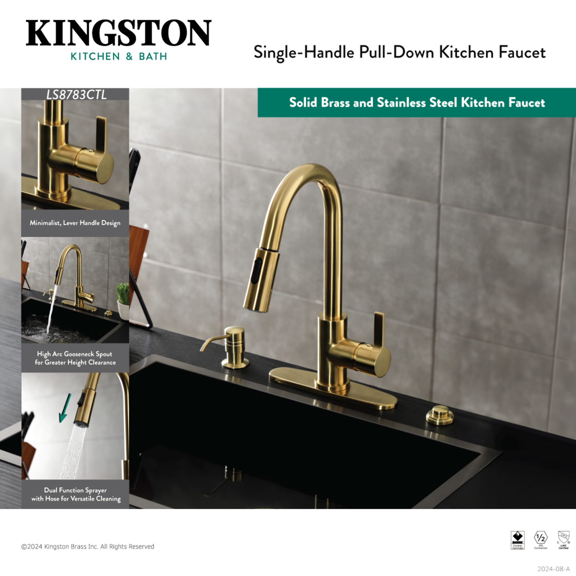 Gourmetier LS8783CTL Continental Single-Handle Pull-Down Kitchen Faucet, Brushed Brass
