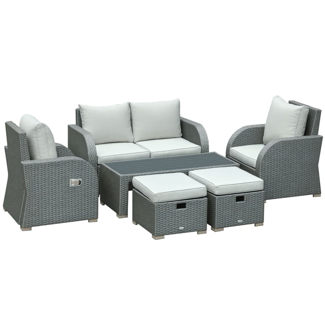 Grey 6-Piece Rattan Wicker Patio Sofa Set with Cushions – Outdoor Lounge Furniture for Garden, Balcony & Deck – Adjustable Recliners & Coffee Table