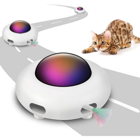 Interactive Cat Toy for Indoor Cats with Rotating Feather, UFO Interactive Electronic Cat Toy (Smart Mode, Low Noise, Auto Shut-Off, Random Moving Feather, Charging)