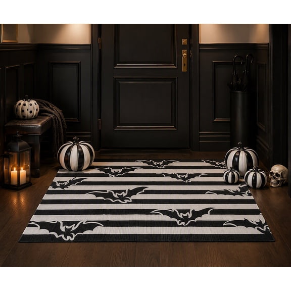Halloween Bat Doormat, Halloween Decorations Indoor Outdoor, Black White Striped Halloween Floor Mat Entryway Rug for Front Door Porch Kitchen Home Decor