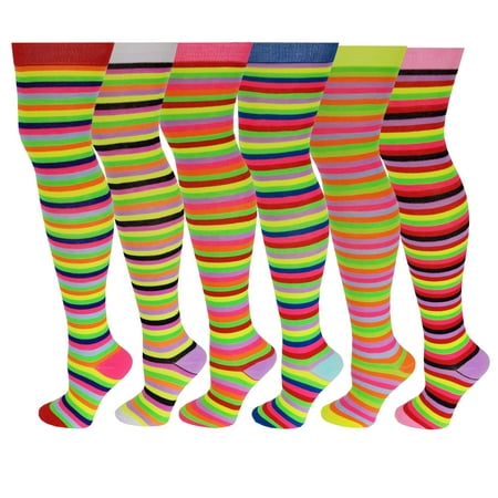 6 Pairs Pack Women Multi Neon Color Fancy Design Thigh High Over the Knee Socks