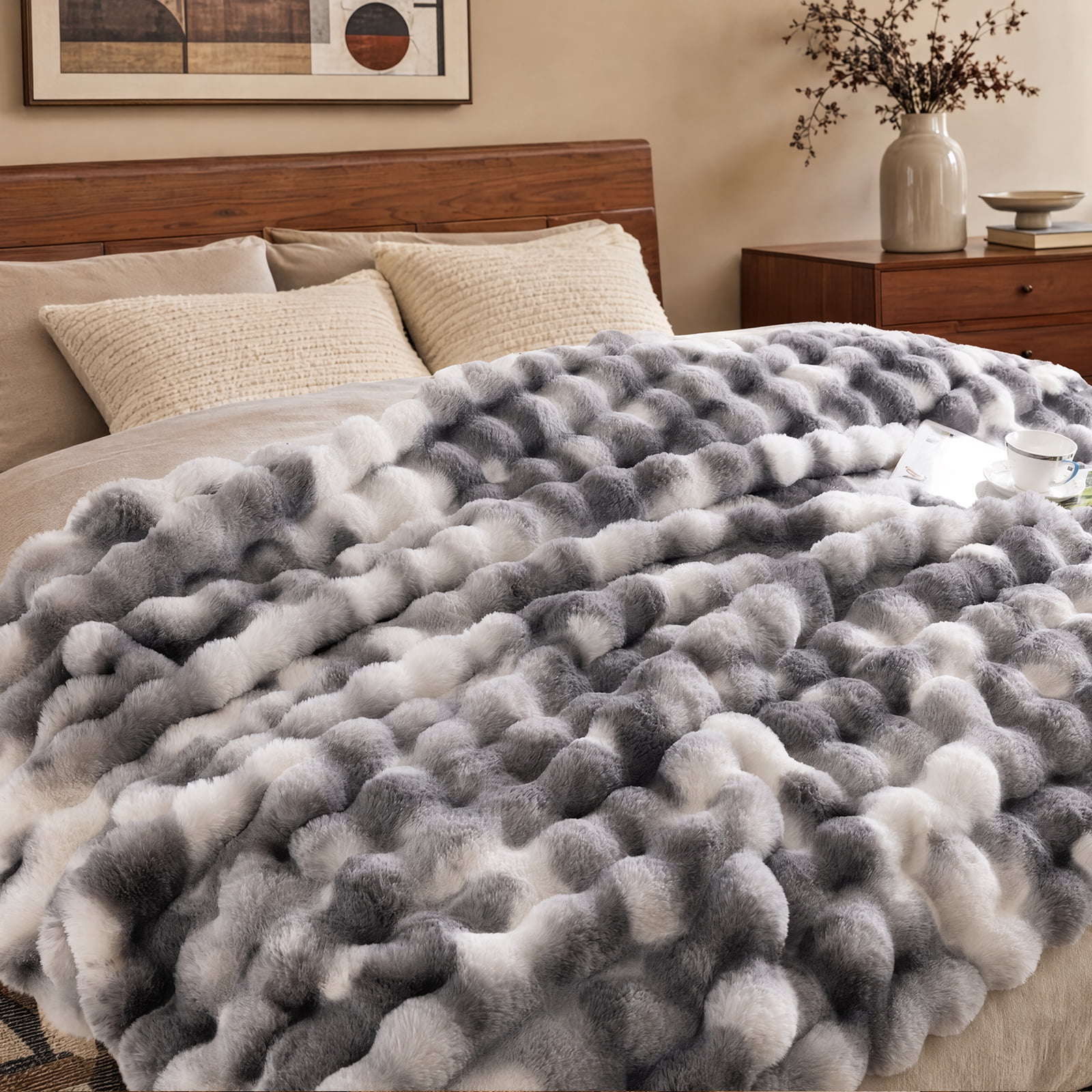 Cozylore Faux Fur Throw Blanket for Bed Luxury Fluffy Thick Bubble Blanket Warm Cozy Throw for Bedroom Living Room, 60" x 80", Tie-Dye Gray