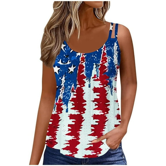 Fartey Eyelet Tank Tops for Women 4th of July Summer Sleeveless Shirts Spaghetti Strap Scoop Neck Camis Top Funny Independence Day Print Tanks Multicolor XXXL