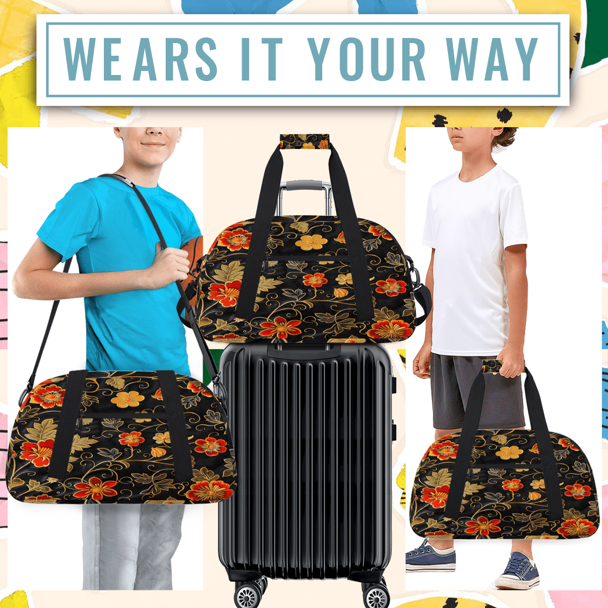 Herdesigns Gold Red Flowers Sports Duffle Bag for Women & Men, Retro Floral Gym Bag Dance Bag Overnight Bag Carry On Weekender Travel Bag