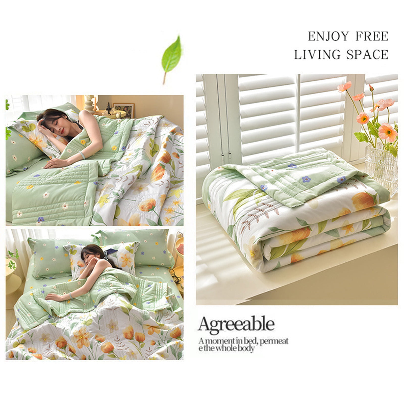 Qocolhg Summer Quilt Bedding Modern Air Conditioner Quilt Cotton Breathable Comforter Print Floral Quilts Bedspread Full/Queen Size, Machine Washable & Easy to Care, 59.05x78.74i
