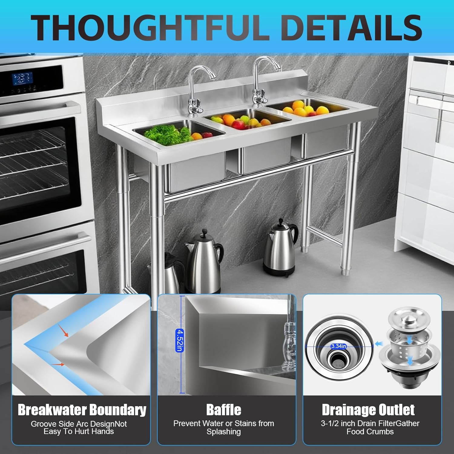 3-Compartment Sink, 39'' x 18'' x 36'' Stainless Steel Utility Sink, Free Standing Three Bowl Kitchen Sink Set with 2 Faucets Hot & Cold Water Pipes for Food Truck, Bar, Restaurant