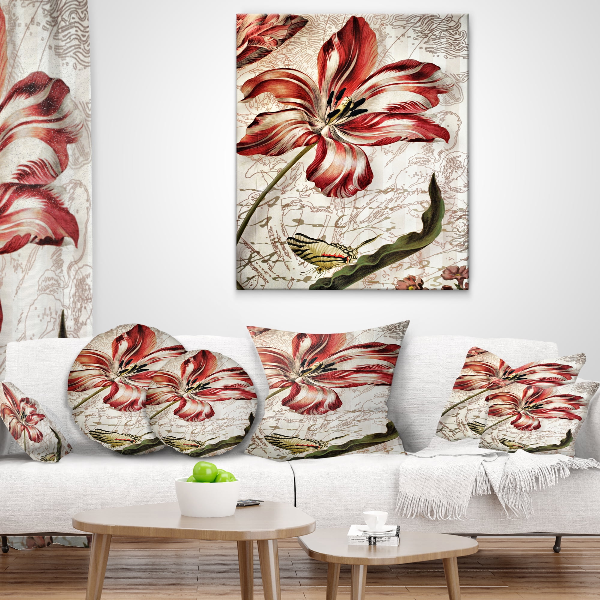 Designart Red Floral Pattern with Butterfly - Floral Throw Pillow - 16x16