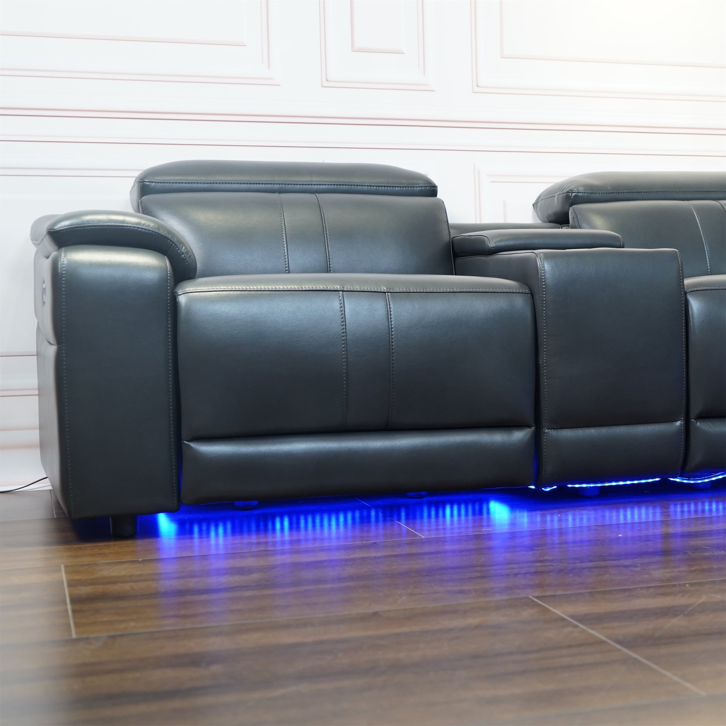 Arron Modern Leather Power Reclining Sectional Sofa with Media Console, Wireless Charging, Bluetooth Speakers, and Ambient LED Under-Glow, Gray