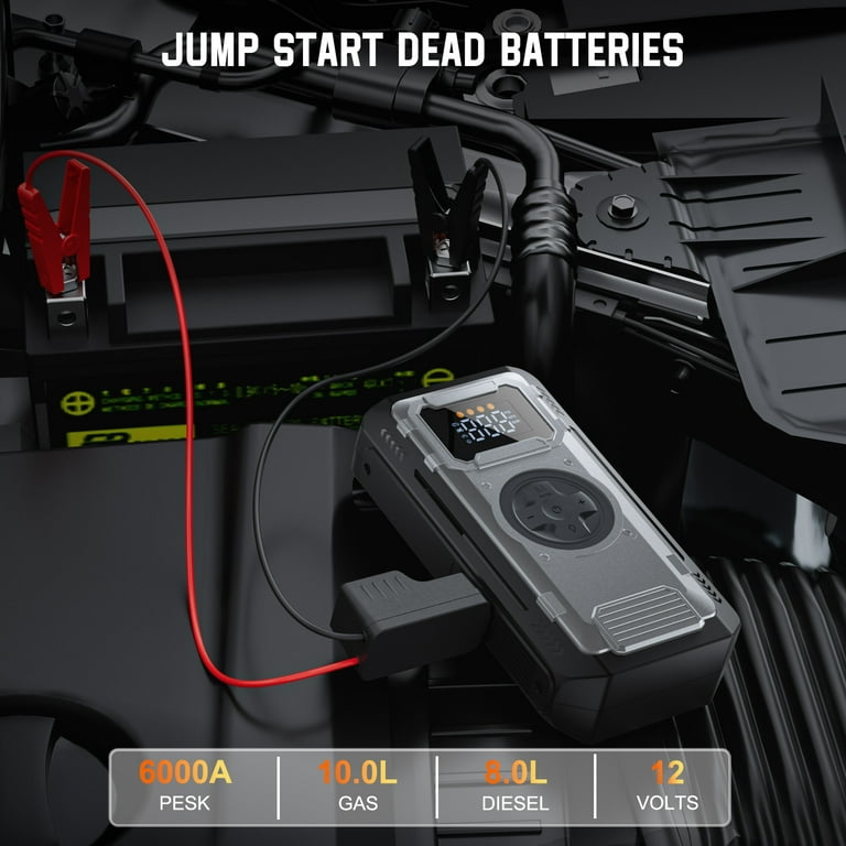 Jump Starter with Compressor, Dyeetic 6000A Peak Portable Car Jump Starter with 150PSI Tire Inflator for 10.0L Gas  or 8.0L Diesel  Engines