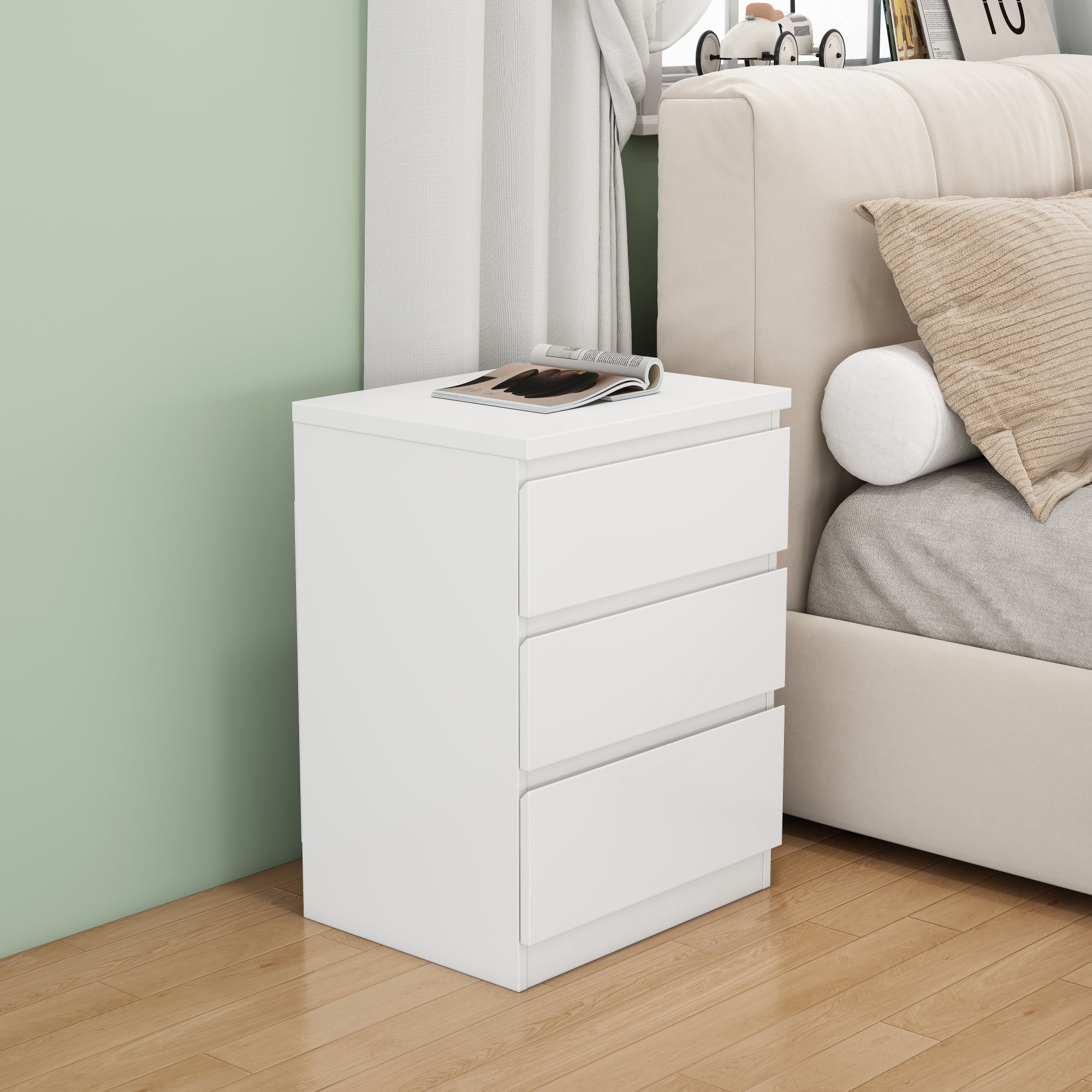 Leumius 19.7" Nightstand with 3 Drawers,Handle-Free Design,Thickened Top,Small Storage Cabinet for Bedroom/Living Room,White