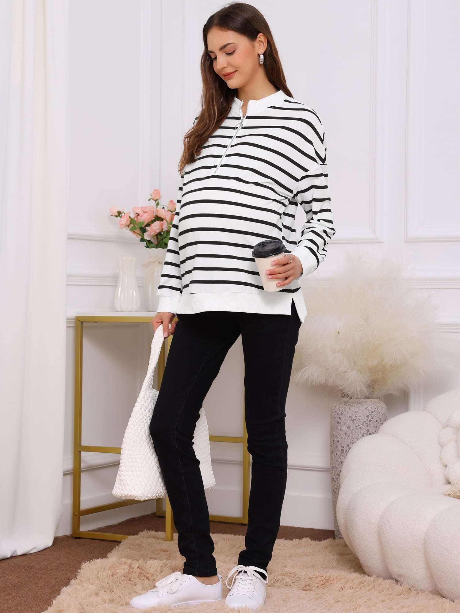 DARING DIVA Women's Maternity Mock Neck Long Sleeve Half Zip Sweatshirt M Black