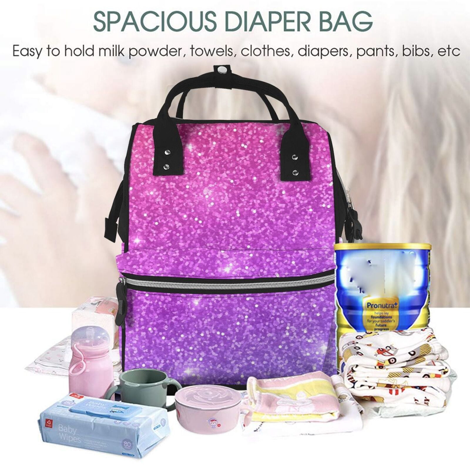 Ratiio Purple Glitter Mummy Backpack - Waterproof Twill Canvas, Large Capacity Diaper Bag with Multiple Pockets and Adjustable Straps