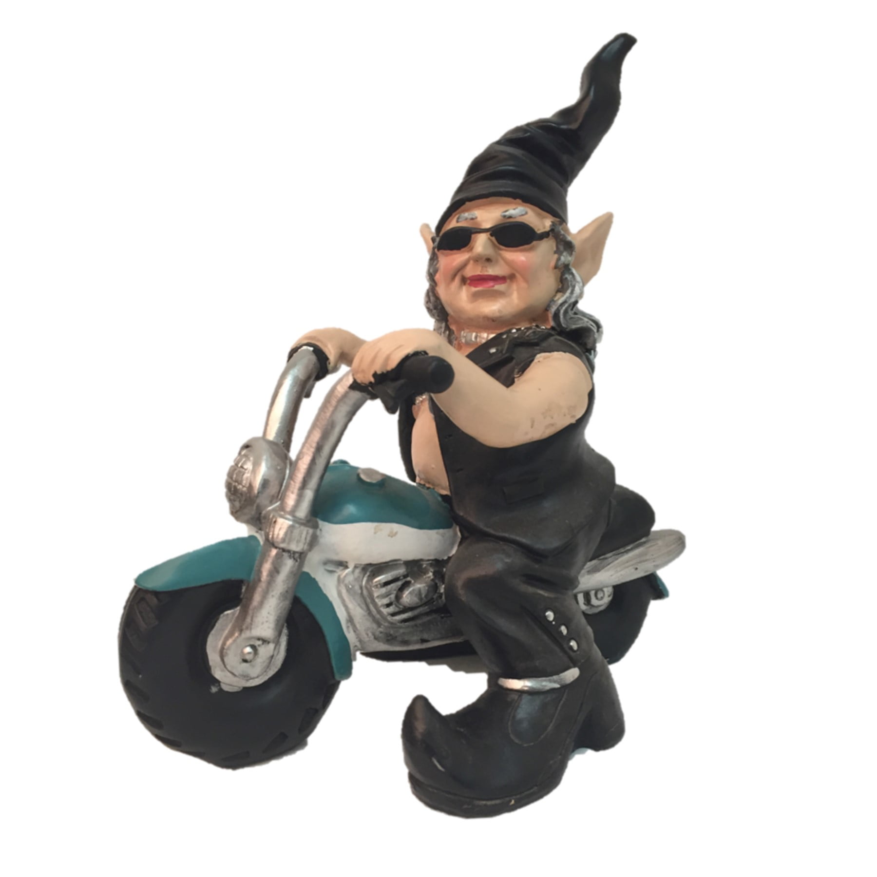 Homestyles 12"H Biker "Babe" the Biker Gnome in Leather Motorcycle Gear Riding Her TEAL Bike