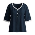 thumbnail image 5 of Otntypg Womens Linen Tops Elbow Length Sleeve Lace Trim Button V Neck T-shirt Dressy Casual Work Blouses Summer Outfits Beach Vacation Tunic Tees Shirt Navy M, 5 of 7