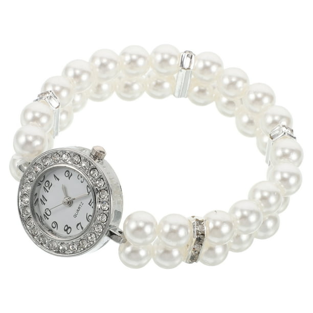 BRIGHTFUFU Pulsera de reloj de perlas para mujer con diamantes de imitación para fiestas de Navidad y brazaletes delicados de moda Vintage, suministros para regalos