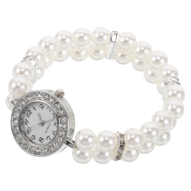 BRIGHTFUFU Pulsera de reloj de perlas para mujer con diamantes de imitación para fiestas de Navidad y brazaletes delicados de moda Vintage, suministros para regalos