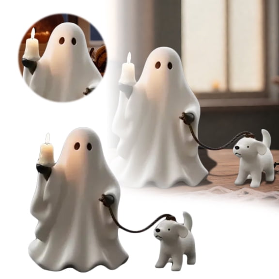 YILANP Halloween Decorations Ghost Pup Candle Holder Ghost Walking Dog Resin Desktop Ornament for Home Living Room Decorative Figurine, Unique (White)
