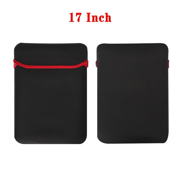 9"-17" Universal Shockproof Soft Laptop Bag Sleeve Case in black with red accents, designed for full protection of notebook computers. Made of polyester with a solid pattern, this unisex laptop sleeve features a casual liner style and a secure zipper closure. Suitable for laptops from brands like Dell, Lenovo, ASUS, and Xiaomi, accommodating sizes up to 17 inches.