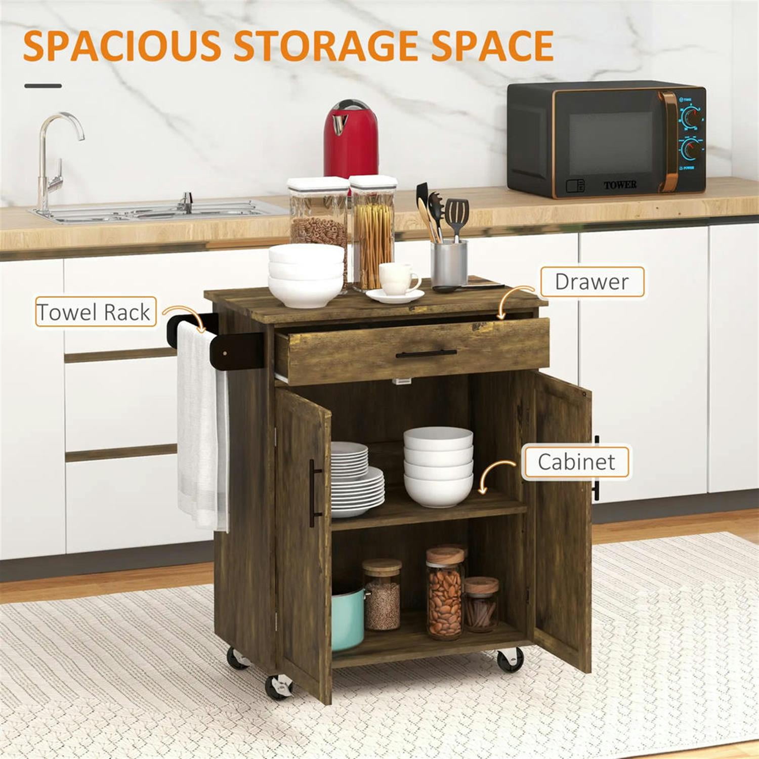 Demi Bonn 36" Kitchen Island Cart on Wheels with Drawer, Storage Cabinet, Rolling Dining Room Serving Utility Carts Mobile Movable with Towel Rack, Brown