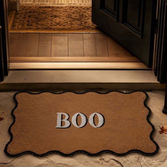 Halloween BOO Coir Doormat, Wavy Scalloped Black‑Trimmed Front Door Mat, Spooky Fall Seasonal Welcome Rug for Indoor Outdoor Porch Entryway Decor(29.5x17.7Inch)