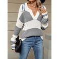 thumbnail image 5 of Womens Striped Lapel Loose Fall Winter V Neck Casual Long Sleeve Color Block Pullover Knit Sweater Gray White  XL, 5 of 6