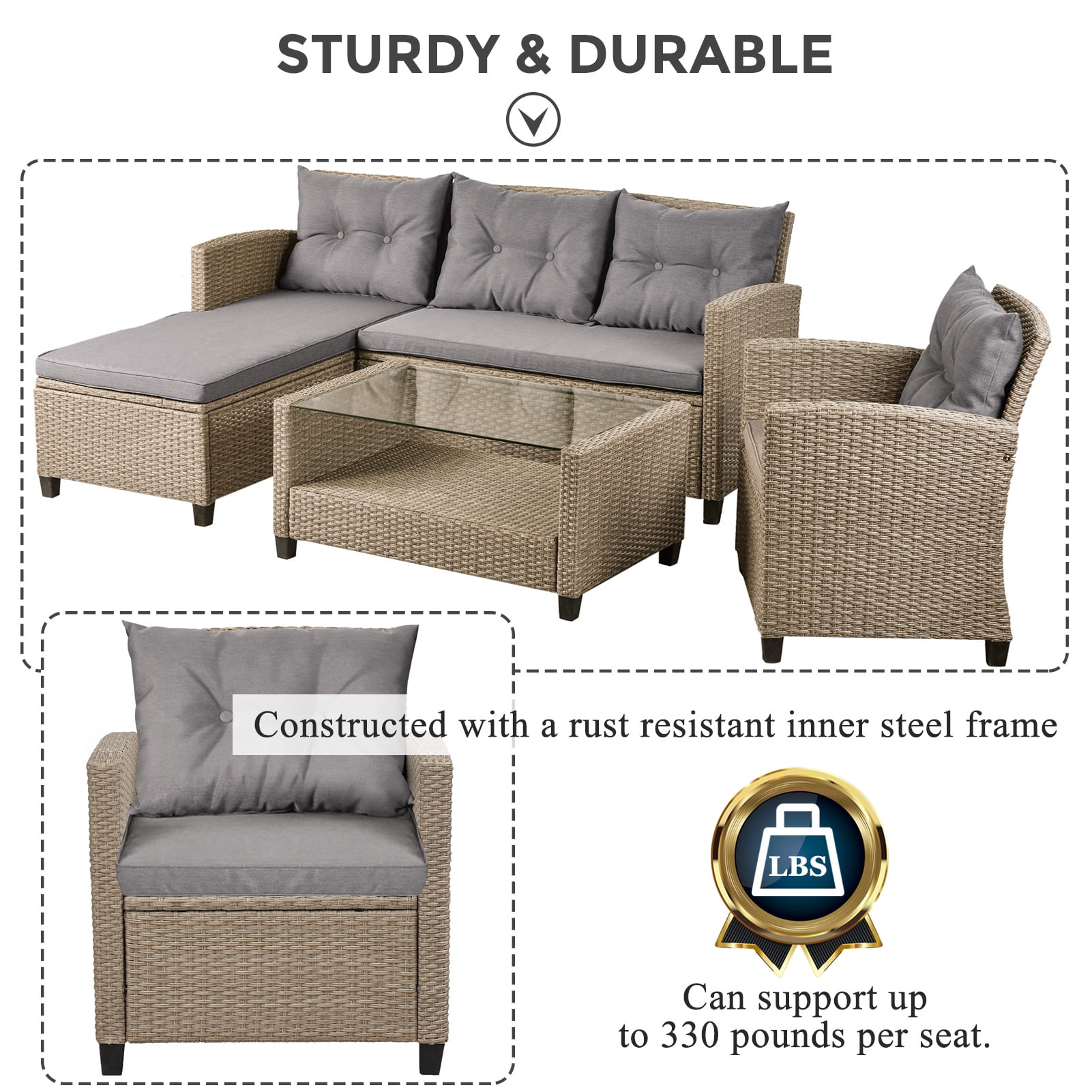 Rattan Patio Sofa Set, 4 Pieces Outdoor Sectional Furniture, All-Weather PE Rattan Wicker Patio Conversation, Cushioned Sofa Set with Glass Table for Patio Garden Poolside Deck