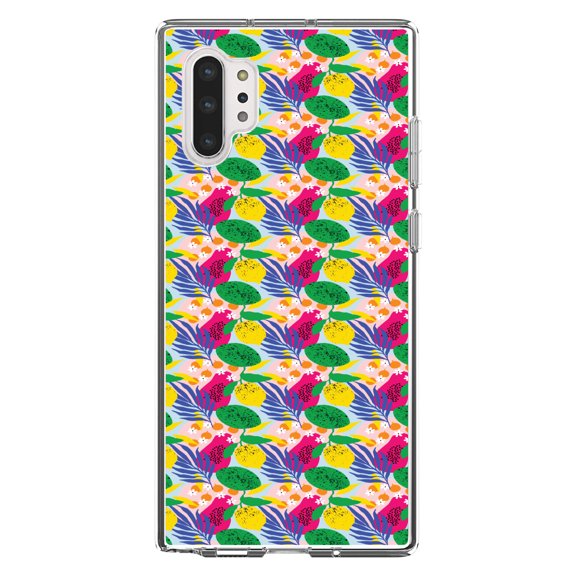 DistinctInk Clear Shockproof Hybrid Case for Galaxy Note 10 PLUS (6.8" Screen) - TPU Bumper, Acrylic Back, Tempered Glass Screen Protector - Summer Vibes Floral Pattern Pink Green Yellow
