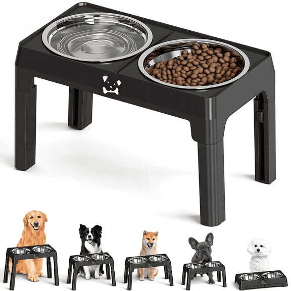 ABSOKE Elevated Dog Bowls - 5 Heights Adjustable Raised Dog Food Bowls with 2 Stainless Steel for Small Medium Large Dogs Cats