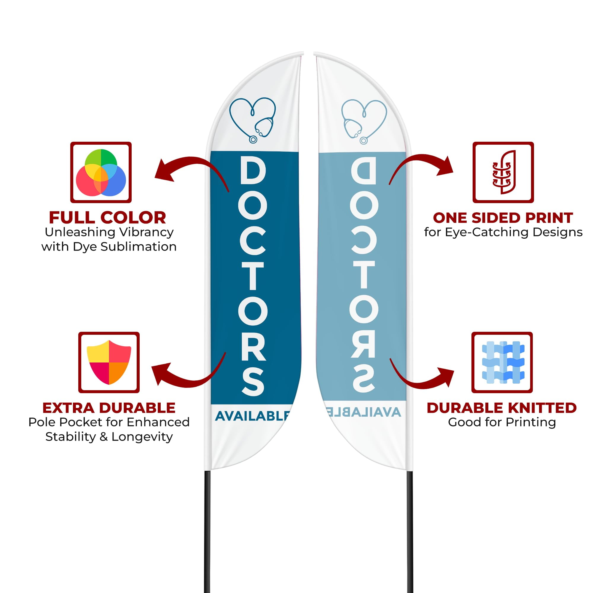 Doctors Available Sign feather flag for Outdoor by Mavis Print | 11.5 FEET Long Polyester Outdoor Banner Flag | HD Print Swooper I Flag Only to Promote Medicine| Made in USA I Flag Only