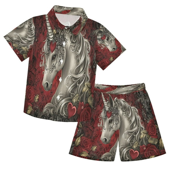 YAZAOO Button-Down Shirts Summer Shorts Sets Fashion Unicorn Roses Hearts Pattern Casual Set